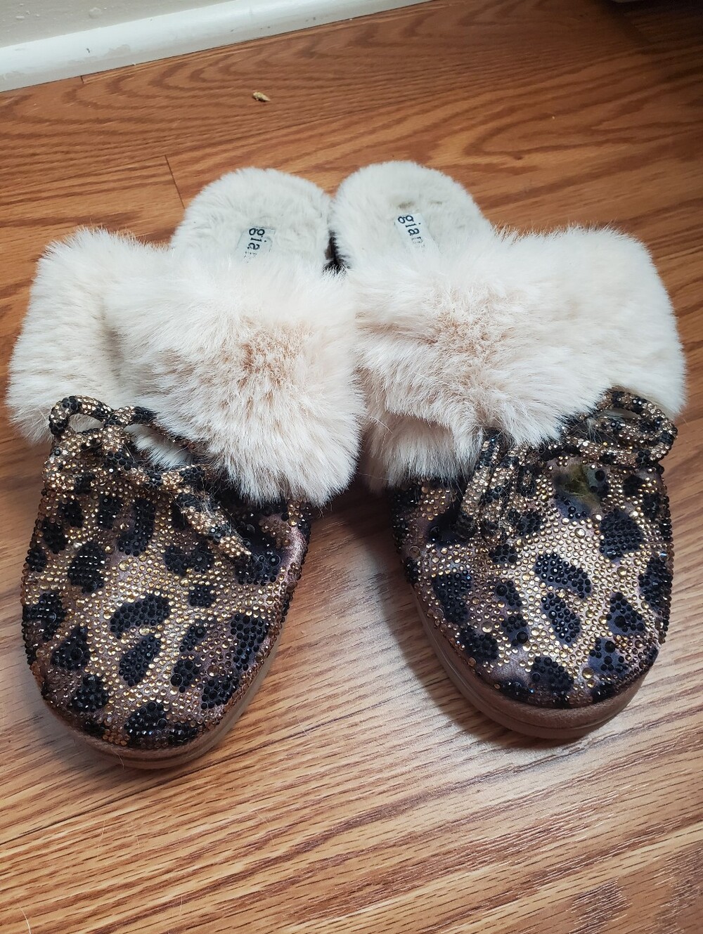 Faux Fur Leopard Crystal Slip-On Mules - Nude